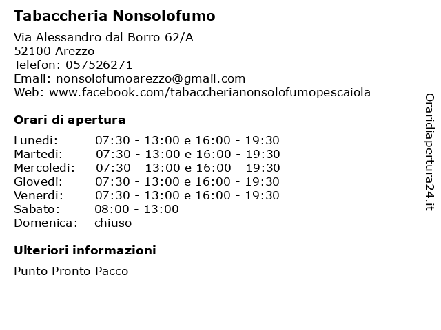 Orari di apertura Tabaccheria Nonsolofumo Via Alessandro